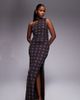 Kaiia Kaiia exclusive double layered slinky mesh one shoulder scarf detail maxi dress in brown and blue polka dot-Multi - 1