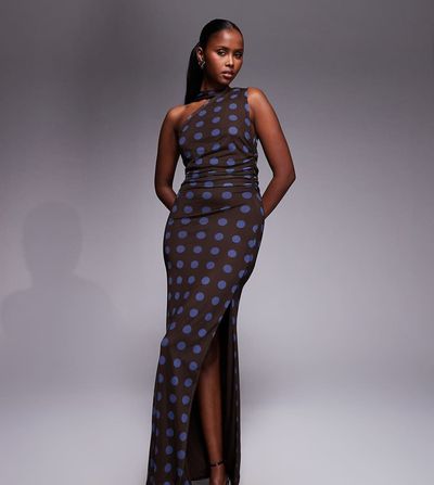 Kaiia Kaiia exclusive double layered slinky mesh one shoulder scarf detail maxi dress in brown and blue polka dot-Multi
