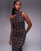Kaiia Kaiia exclusive double layered slinky mesh one shoulder scarf detail maxi dress in brown and blue polka dot-Multi - 2