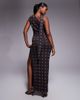 Kaiia Kaiia exclusive double layered slinky mesh one shoulder scarf detail maxi dress in brown and blue polka dot-Multi - 4