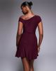 Kaiia Kaiia exclusive double layered slinky off the shoulder drape detail fitted waist mini skater dress in dark cherry - 2
