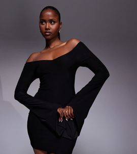 Kaiia Kaiia exclusive double layered slinky off the shoulder fluted drape sleeves mini dress in black