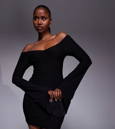 Kaiia Kaiia exclusive double layered slinky off the shoulder fluted drape sleeves mini dress in black