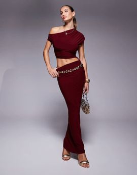 Kaiia Kaiia exclusive double layered slinky ruched drawstring maxi skirt in burgundy - part of a set