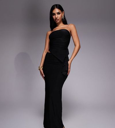 Kaiia Kaiia exclusive double layered slinky ruffle side detail maxi skirt in black - part of a set