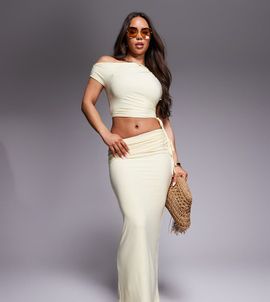 Kaiia Kaiia exclusive double layered slinky tie detail foldover maxi skirt in butter yellow - part of a set