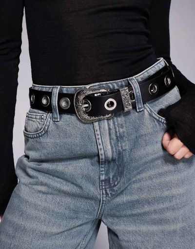 Kaiia Kaiia Exclusive faux leather eyelet detail western belt in black-Multi