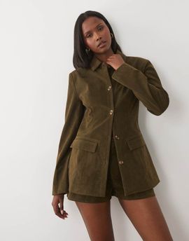 Kaiia Kaiia exclusive faux suede cinched waist longline blazer in dark olive - part of a set-Multi