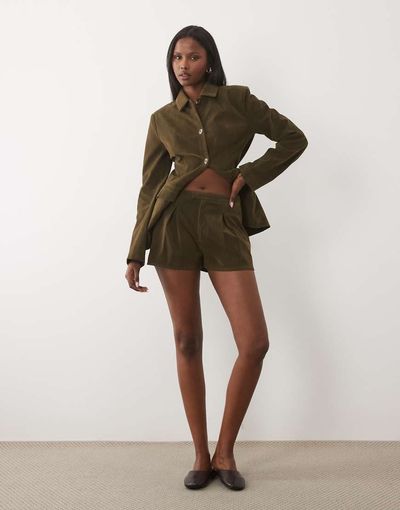 Kaiia Kaiia exclusive faux suede pleated front micro shorts in dark olive - part of a set-Multi