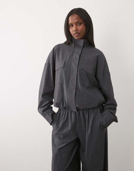 Kaiia Kaiia exclusive funnel neck pocket detail cinched waist tactical bomber jacket in charcoal - part of a set-Gray