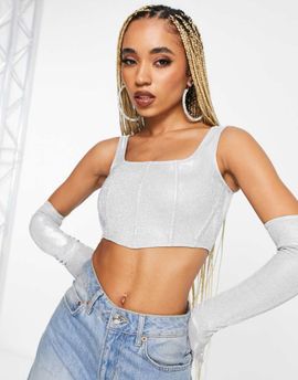 Kaiia Kaiia exclusive glitter corset top with matching gloves in silver