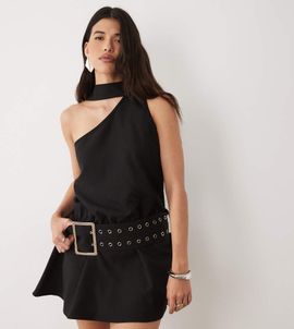 Kaiia Kaiia exclusive halter scarf detail chunky eyelet belted mini dress in black