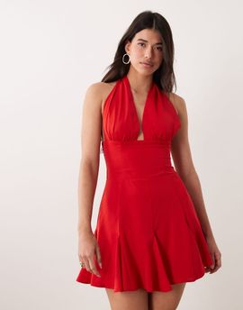 Kaiia Kaiia exclusive halterneck plunge godet hem mini dress in red-Multi