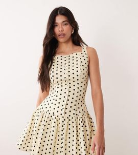 Kaiia Kaiia exclusive high square neck button front gathered skirt mini dress in yellow and black polka dots