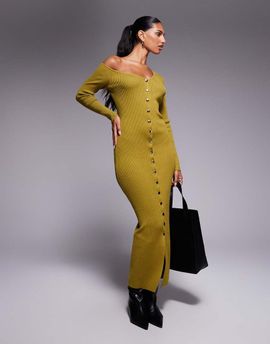 Kaiia Kaiia Exclusive knit asymmetric neckline button through maxi dress in olive-Green