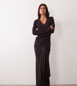 Kaiia Kaiia exclusive knitted collar detail knot drape waist detail maxi dress in chocolate-Brown