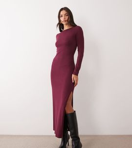 Kaiia Kaiia exclusive knitted slash neck long sleeve side split maxi dress in burgundy-RED