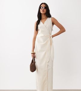 Kaiia Kaiia exclusive linen blend v neck wrap tie front maxi dress in stone-Neutral