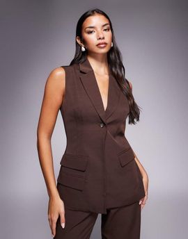 Kaiia Kaiia Exclusive longline tailored collared pocket detail sleeveless vest in brown - part of a set