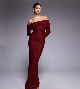 Kaiia Kaiia exclusive off the shoulder long sleeve sequin knit maxi dress in burgundy-Red