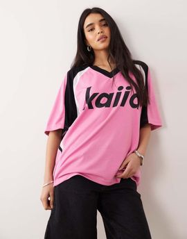 Kaiia Kaiia Exclusive oversized V-neck soccer jersey in pink and black