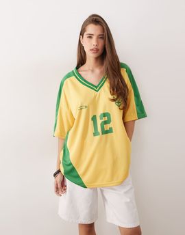 Kaiia Kaiia exclusive oversized v-neck soccer jersey in yellow and green