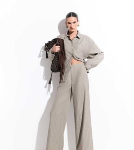 Kaiia Kaiia exclusive pleated front straight leg tailored pants in light brown stripes - part of a set