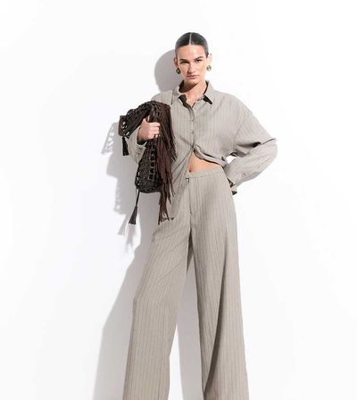 Kaiia Kaiia exclusive pleated front straight leg tailored pants in light brown stripes - part of a set