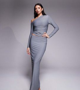 Kaiia Kaiia exclusive premium cotton touch slinky maxi skirt in charcoal gray - part of a set