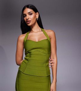Kaiia Kaiia exclusive premium sculpting sweetheart halterneck bandage top in olive - part of a set-Green