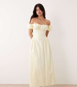Kaiia Kaiia exclusive puff sleeve hip pleated detailing cotton milkmaid maxi dress in lemon-Yellow