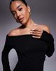 Kaiia Kaiia exclusive rib knit side slit off the shoulder mini dress in black - 4