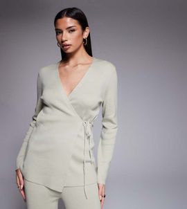 Kaiia Kaiia exclusive rib knit wrap front top in sage - part of a set-White