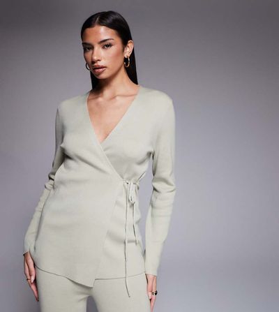 Kaiia Kaiia exclusive rib knit wrap front top in sage - part of a set-White