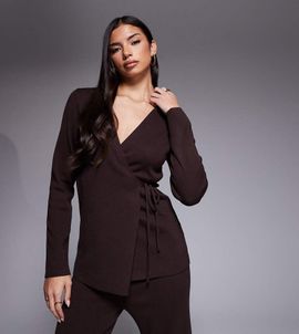 Kaiia Kaiia Exclusive ribbed knit wrap front top in chocolate - part of a set-Brown