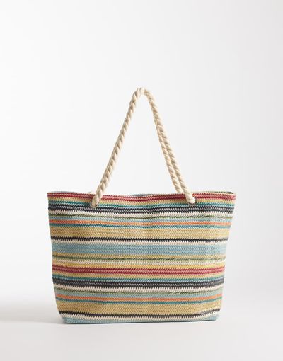 Kaiia Kaiia exclusive rope handle woven straw beach bag in multi stripes