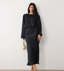 Kaiia Kaiia exclusive satin cinched blouson waist flared sleeve maxi dress in midnight navy-Blue