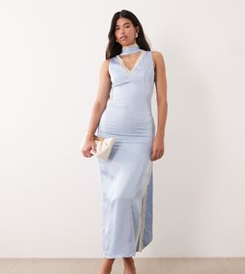 Kaiia Kaiia exclusive satin contrast lace trim scarf detail v-neck thigh slit midaxi dress in blue-Multi
