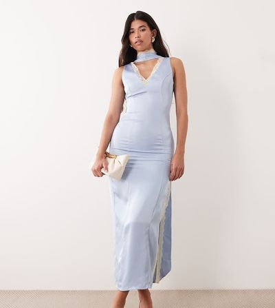 Kaiia Kaiia exclusive satin contrast lace trim scarf detail v-neck thigh slit midaxi dress in blue-Multi