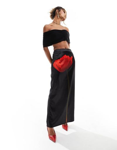 Kaiia Kaiia exclusive satin flower motif maxi skirt in black