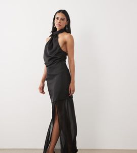 Kaiia Kaiia exclusive satin halterneck scarf detail sheer hem maxi dress in black
