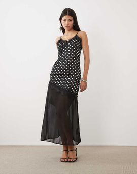 Kaiia Kaiia exclusive satin lace trim asymmetric sheer chiffon hem maxi dress in black & white polka dot-MULTI