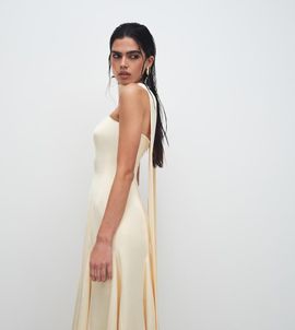 Kaiia Kaiia exclusive scarf detail godet hem strapless satin maxi dress in butter yellow