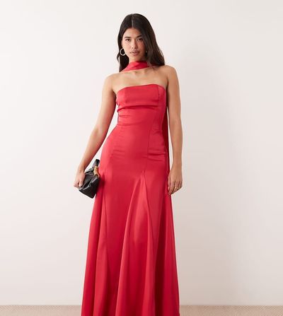 Kaiia Kaiia exclusive scarf detail godet hem strapless satin maxi dress in dragonfruit pink