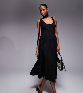 Kaiia Kaiia Exclusive scoop neck scarf detail dropped basque waist maxi dress in black