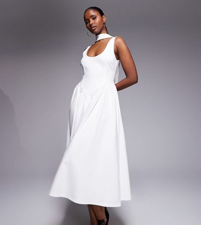 Kaiia Kaiia Exclusive scoop neck scarf detail dropped basque waist maxi dress in white