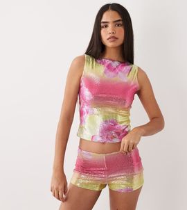 Kaiia Kaiia exclusive sequined micro shorts in lemon and pink floral - part of a set-Multi