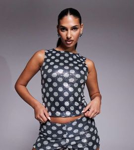 Kaiia Kaiia exclusive sequined slash neck sleeveless top in black and white polka dots - part of a set-Multi