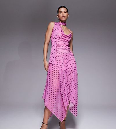 Kaiia Kaiia exclusive slinky mesh fairy hem maxi skirt in pink and brown polka dot - part of a set-Multi