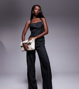 Kaiia Kaiia exclusive square halterneck wide leg pocket detail jumpsuit in black